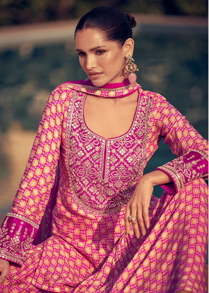 Pink and Magenta Printed Chinon Silk Sharara Suit