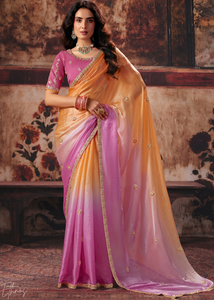 Pink and Orange Sunset Ombre Fendy Satin Saree