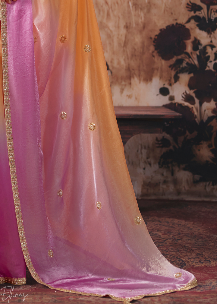 Pink and Orange Sunset Ombre Fendy Satin Saree