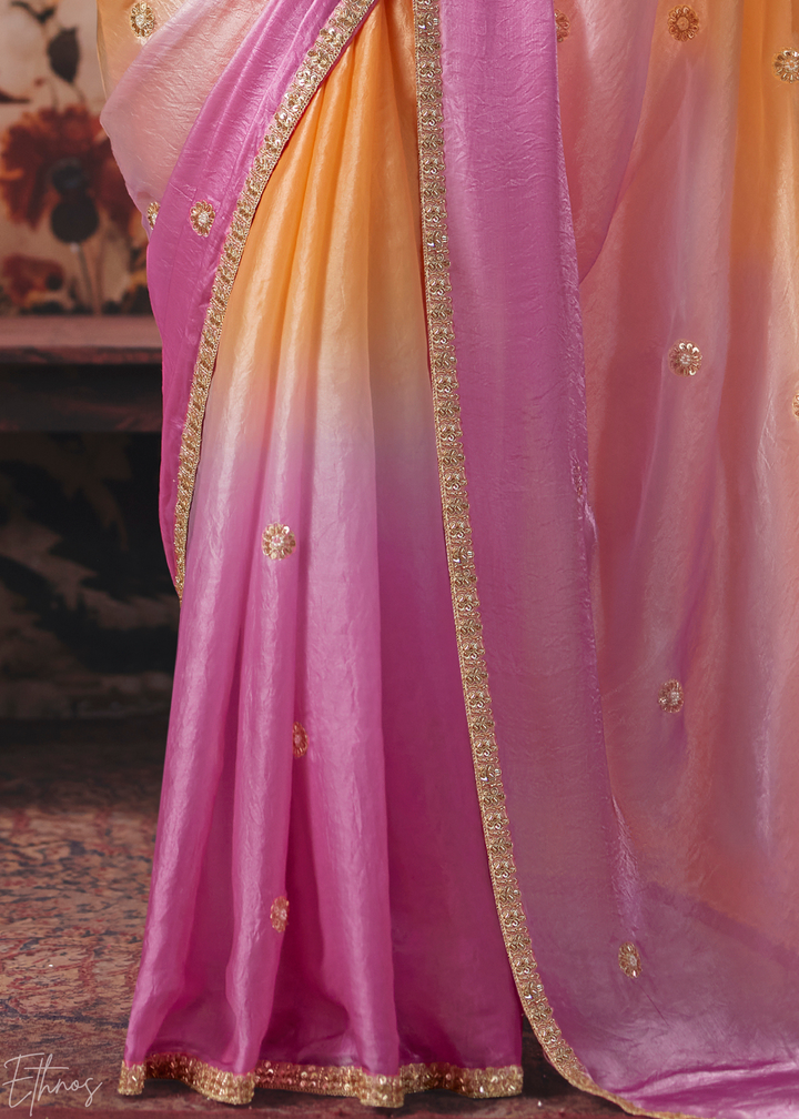 Pink and Orange Sunset Ombre Fendy Satin Saree