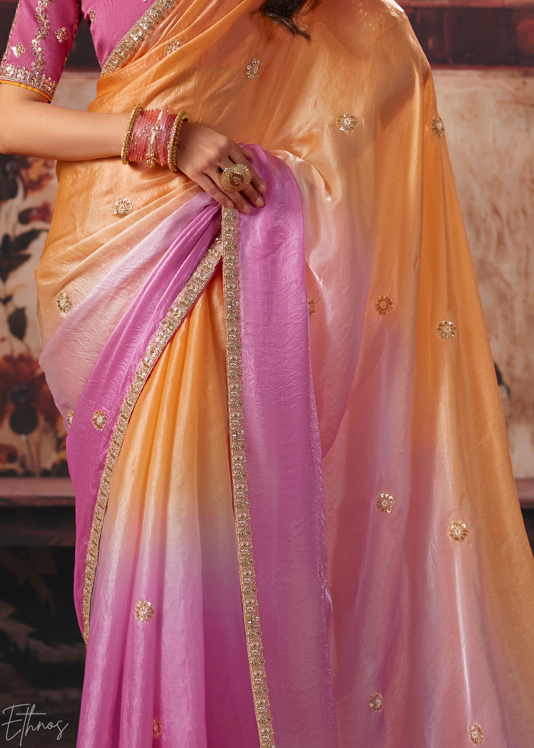 Pink and Orange Sunset Ombre Fendy Satin Saree