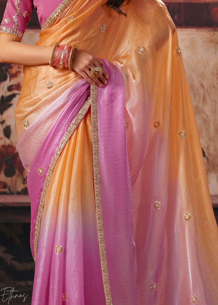 Pink and Orange Sunset Ombre Fendy Satin Saree