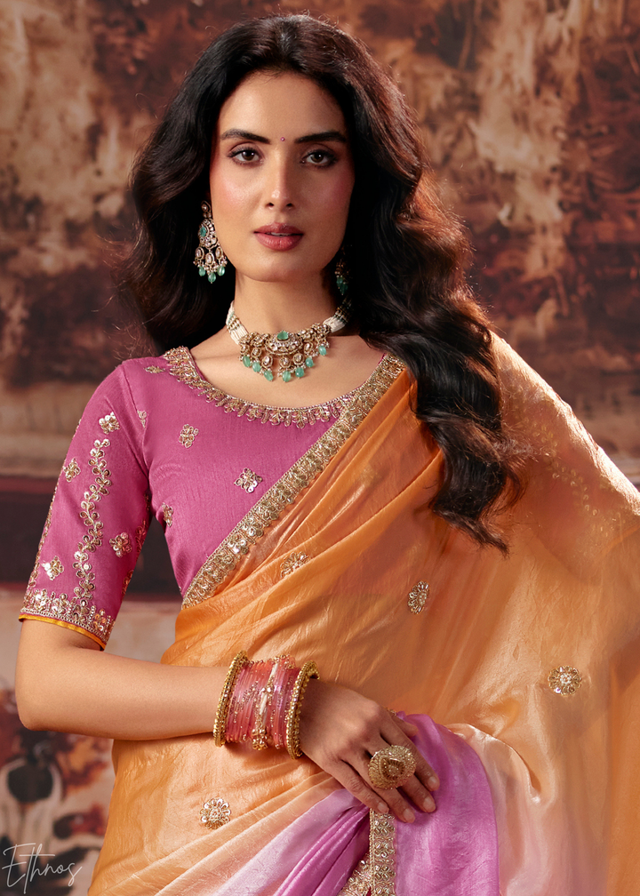 Pink and Orange Sunset Ombre Fendy Satin Saree