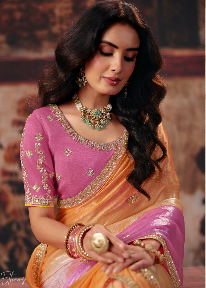 Pink and Orange Sunset Ombre Fendy Satin Saree