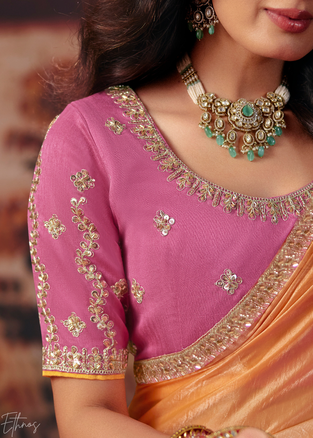 Pink and Orange Sunset Ombre Fendy Satin Saree