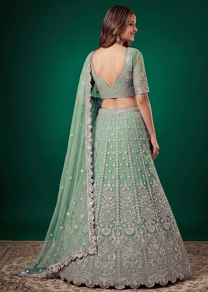 Pistachio Green Heavy Floral Embroidered Net Lehenga