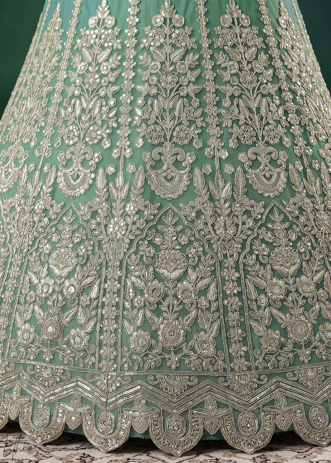 Pistachio Green Heavy Floral Embroidered Net Lehenga
