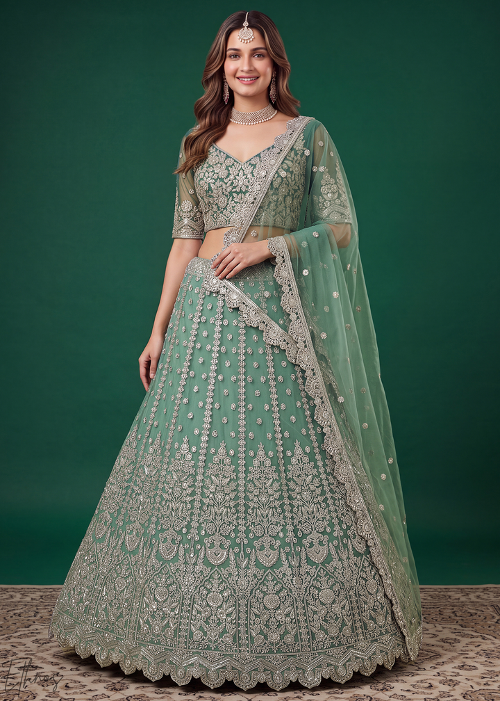 Pistachio Green Heavy Floral Embroidered Net Lehenga