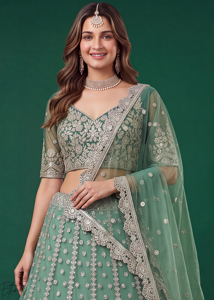 Pistachio Green Heavy Floral Embroidered Net Lehenga