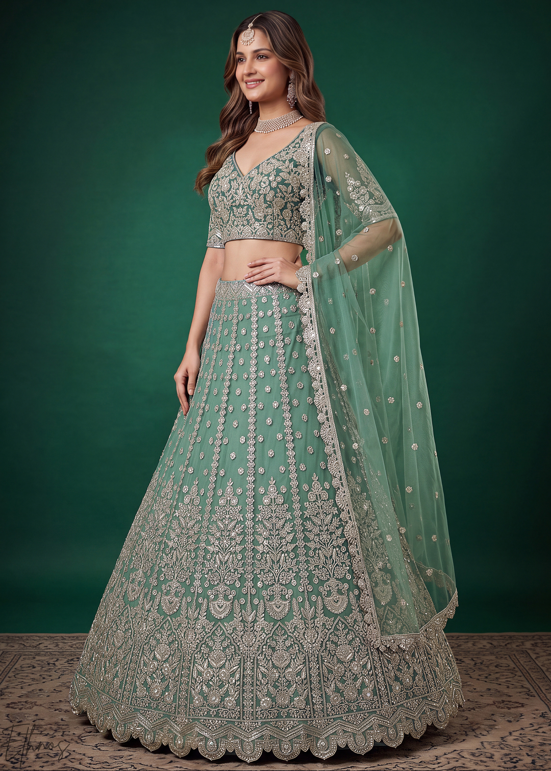 Pistachio Green Heavy Floral Embroidered Net Lehenga