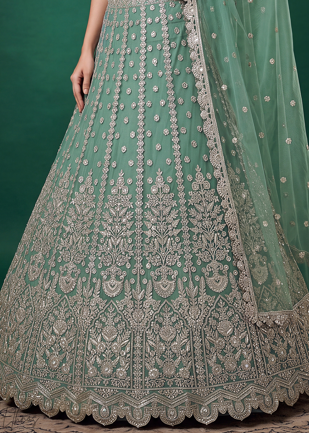 Pistachio Green Heavy Floral Embroidered Net Lehenga