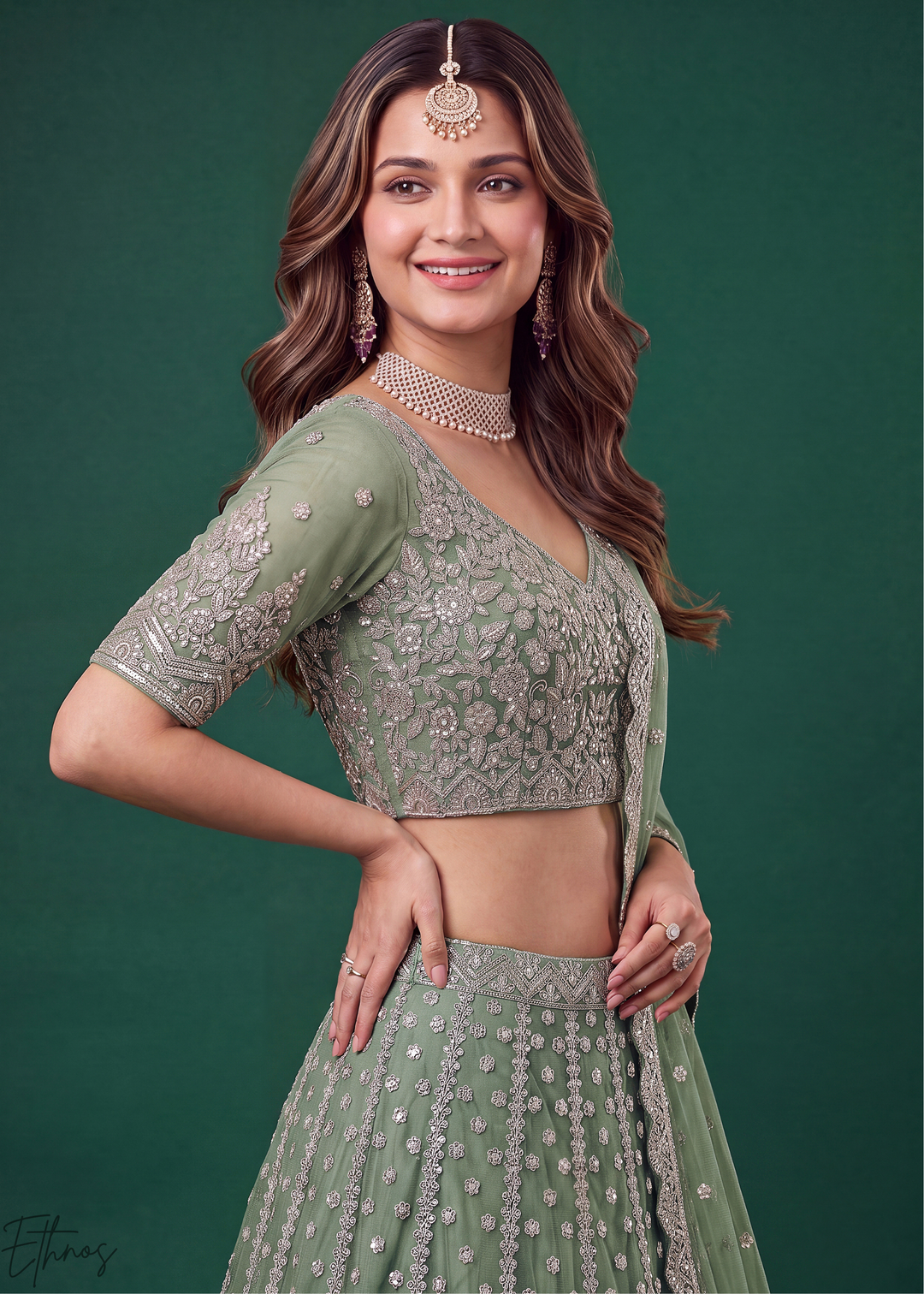 Pistachio Green Heavy Floral Embroidered Net Lehenga