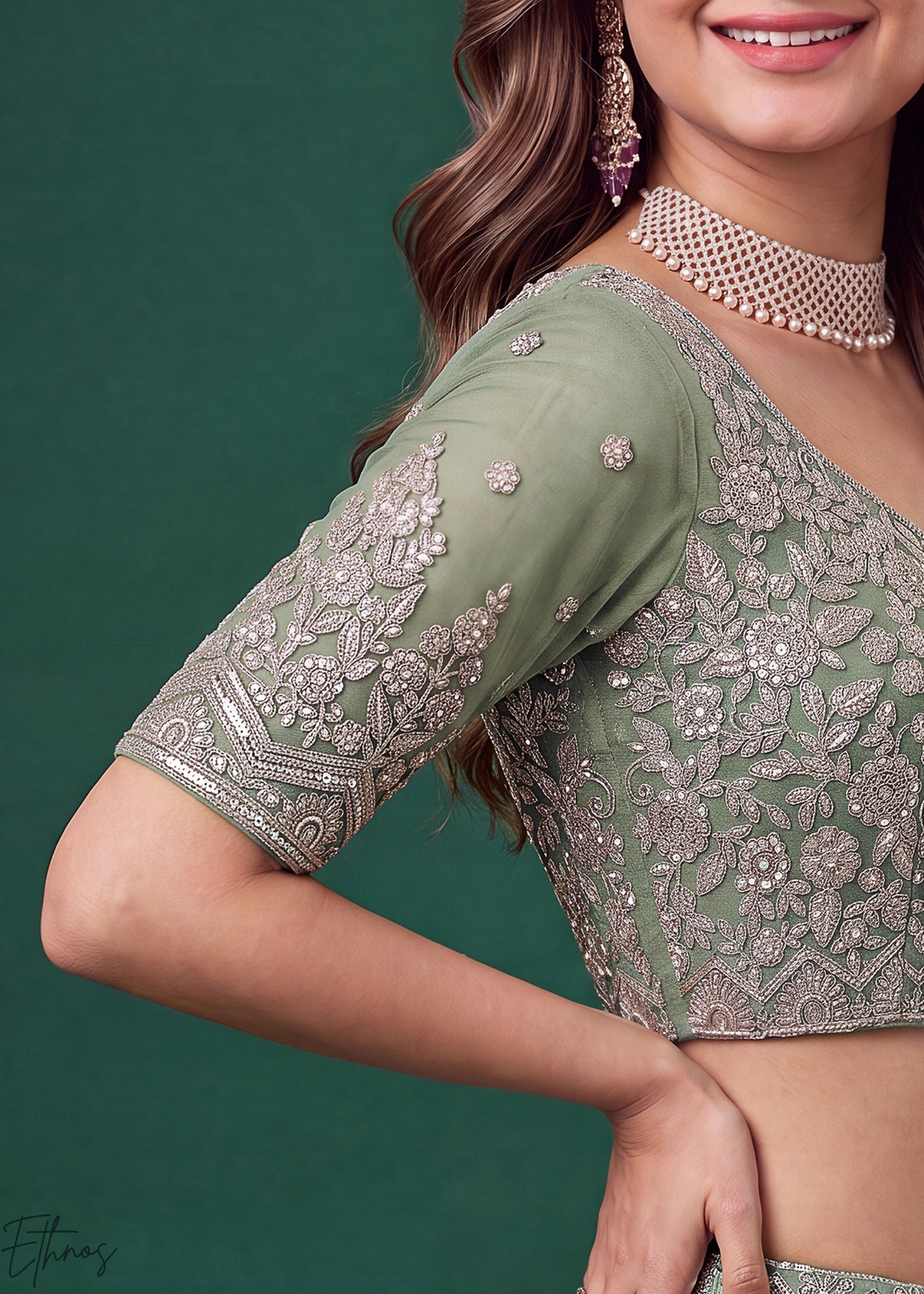 Pistachio Green Heavy Floral Embroidered Net Lehenga