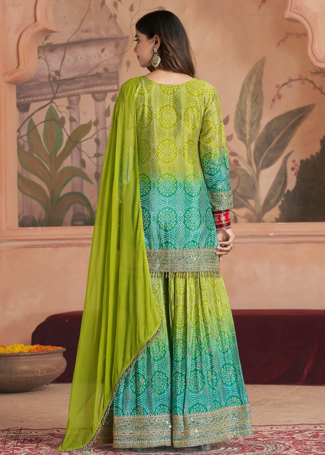Pistachio Bloom Bandhani Chinon Sharara Suit