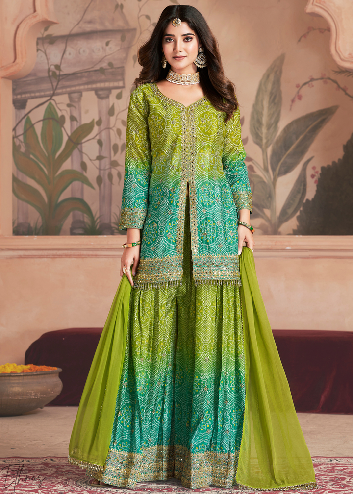 Pistachio Bloom Bandhani Chinon Sharara Suit
