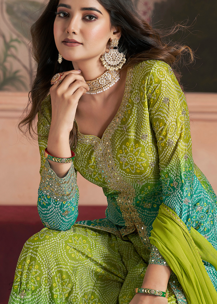 Pistachio Bloom Bandhani Chinon Sharara Suit