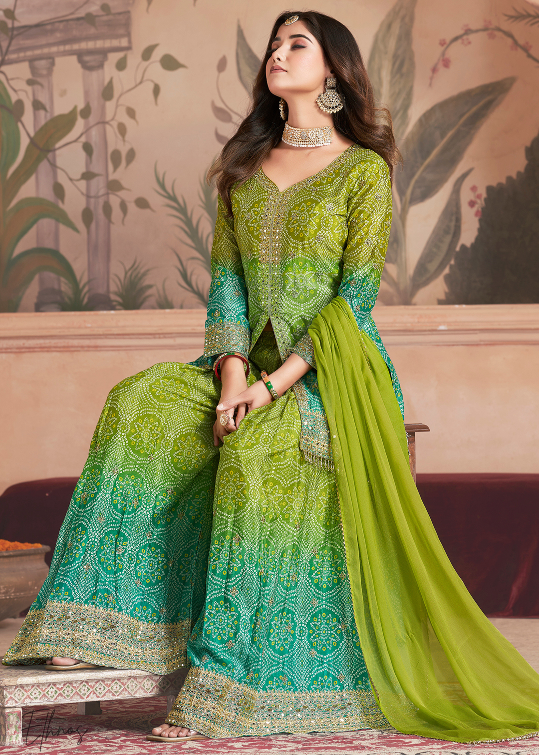 Pistachio Bloom Bandhani Chinon Sharara Suit