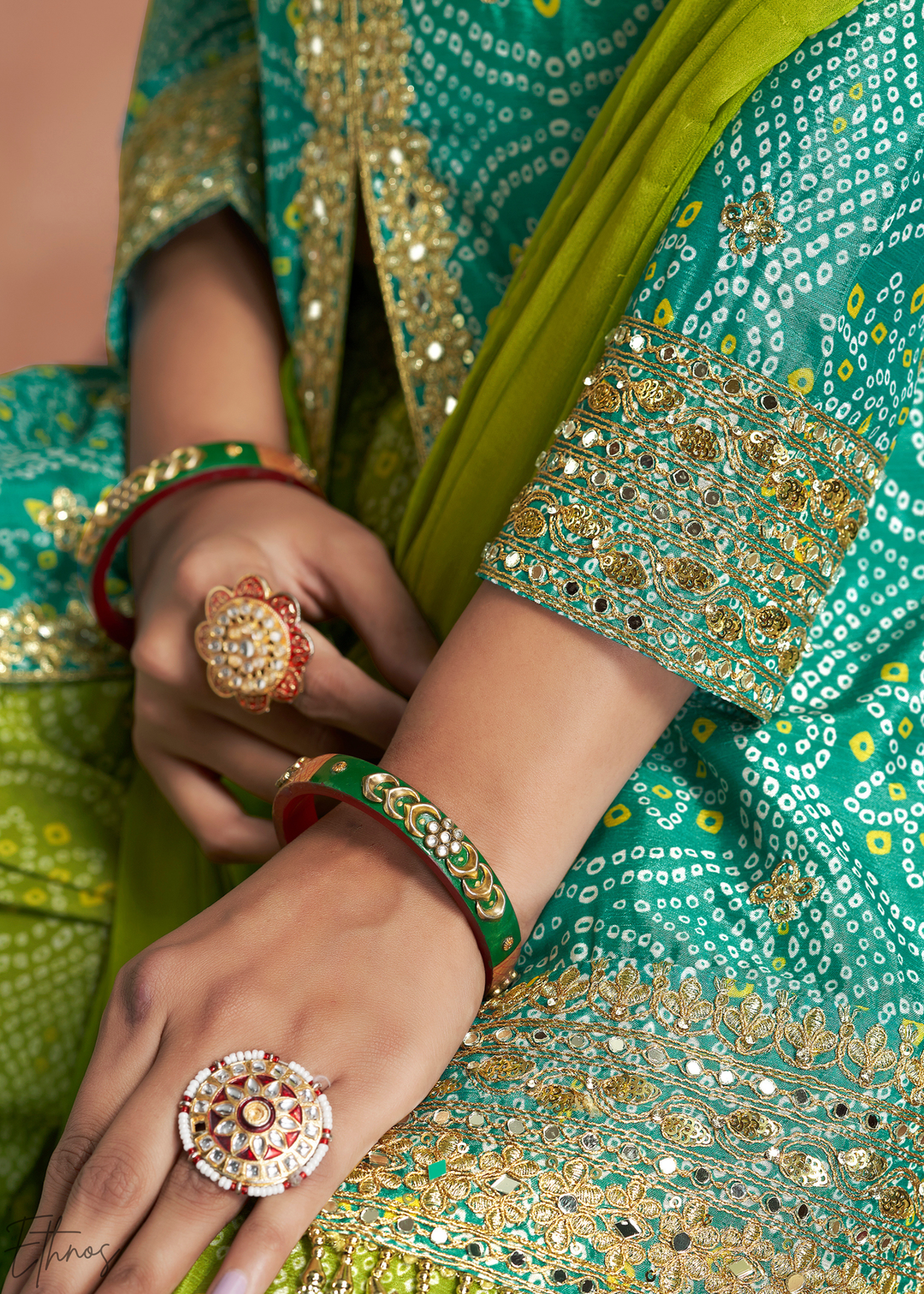 Pistachio Bloom Bandhani Chinon Sharara Suit