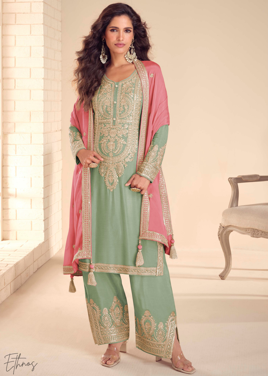 Pistachio Green Embroidered Chinon Palazzo Suit