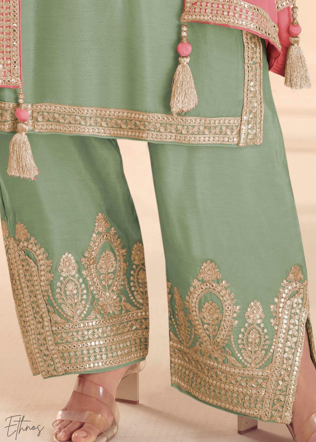 Pistachio Green Embroidered Chinon Palazzo Suit