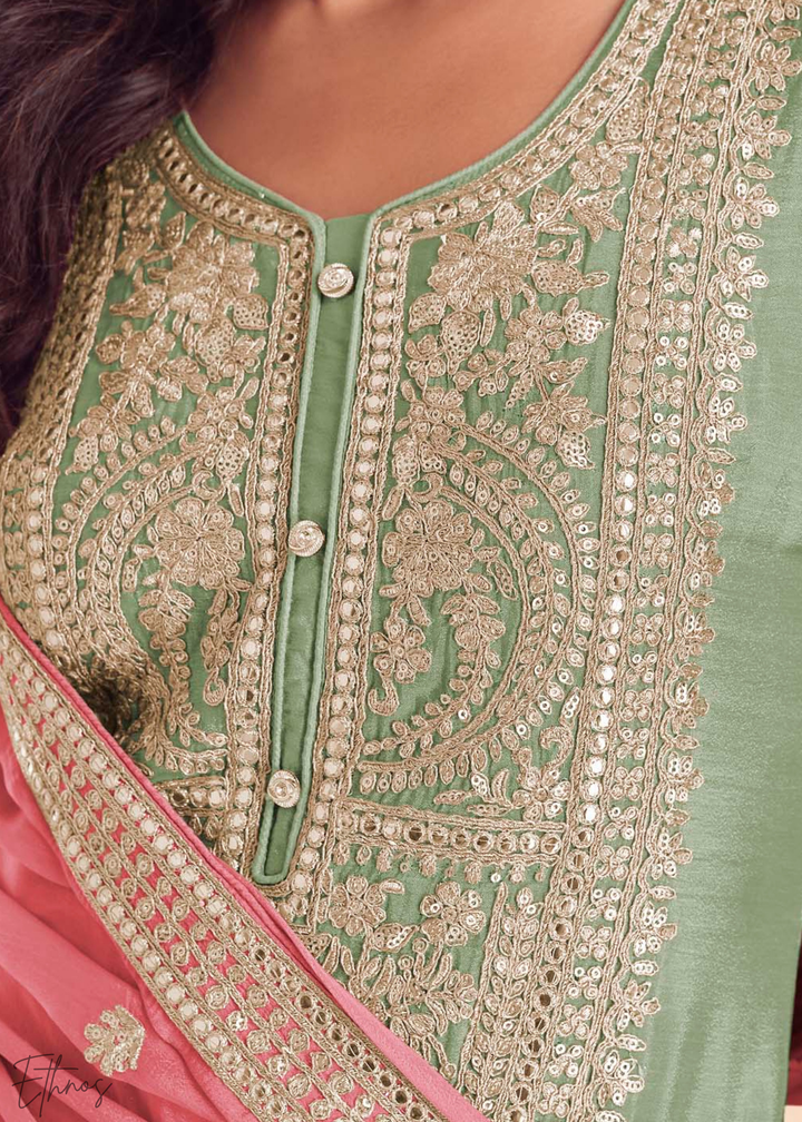 Pistachio Green Embroidered Chinon Palazzo Suit