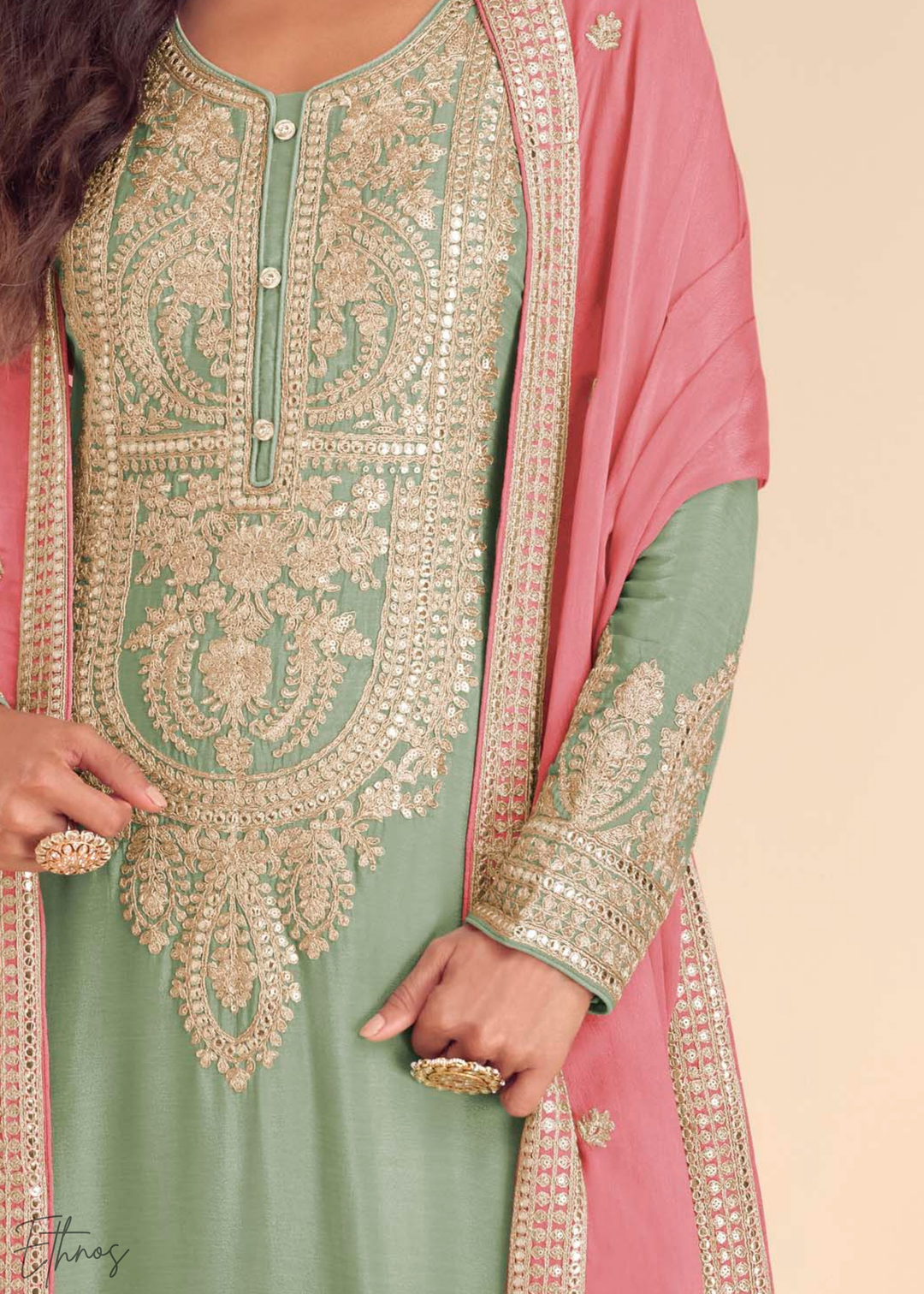 Pistachio Green Embroidered Chinon Palazzo Suit
