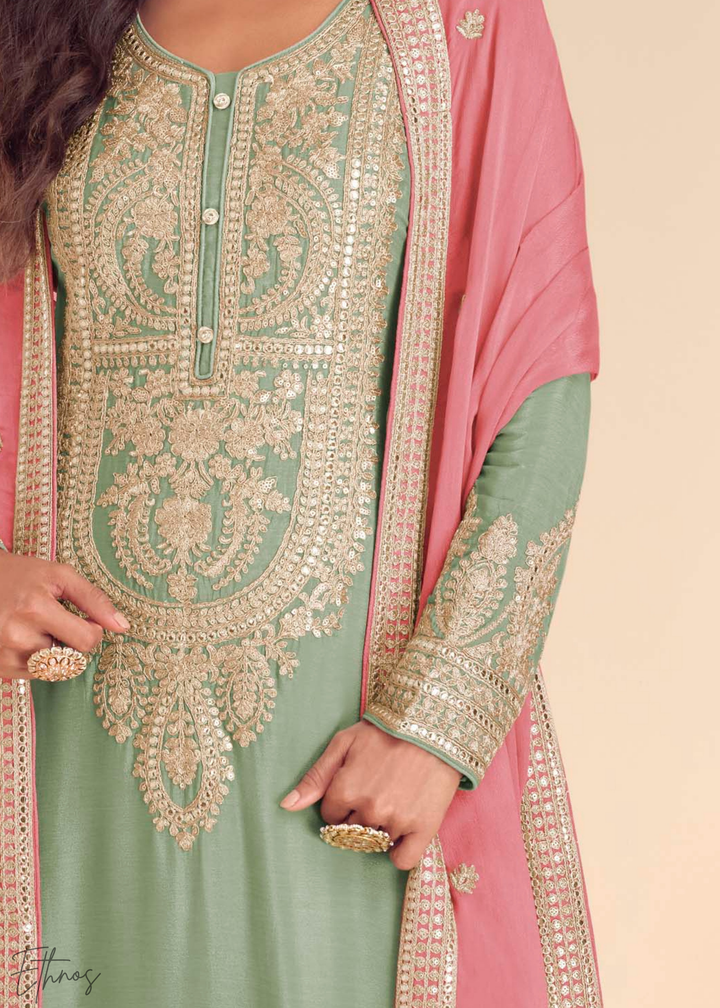 Pistachio Green Embroidered Chinon Palazzo Suit