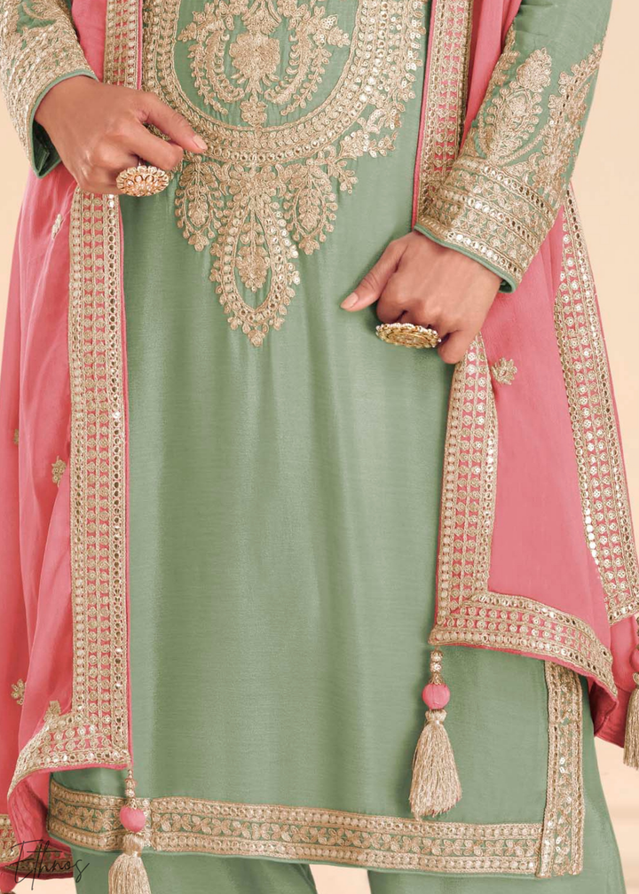 Pistachio Green Embroidered Chinon Palazzo Suit
