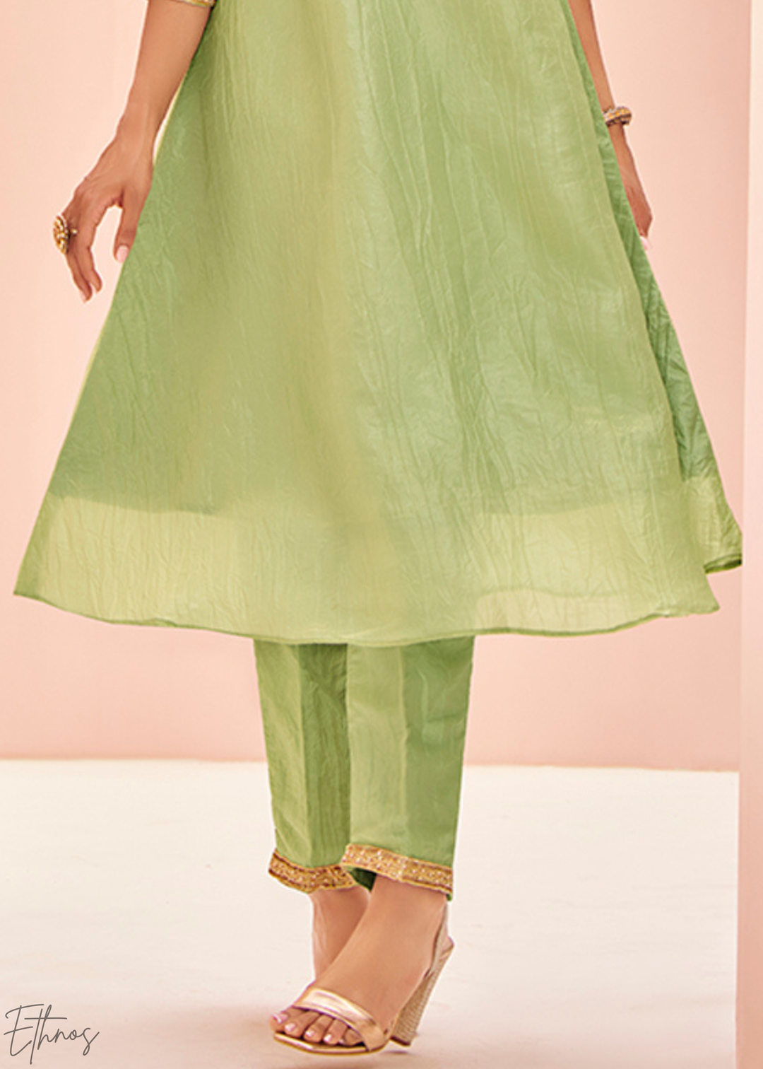Pistachio Green Embroidered-Yoke Organaza Pant Suit