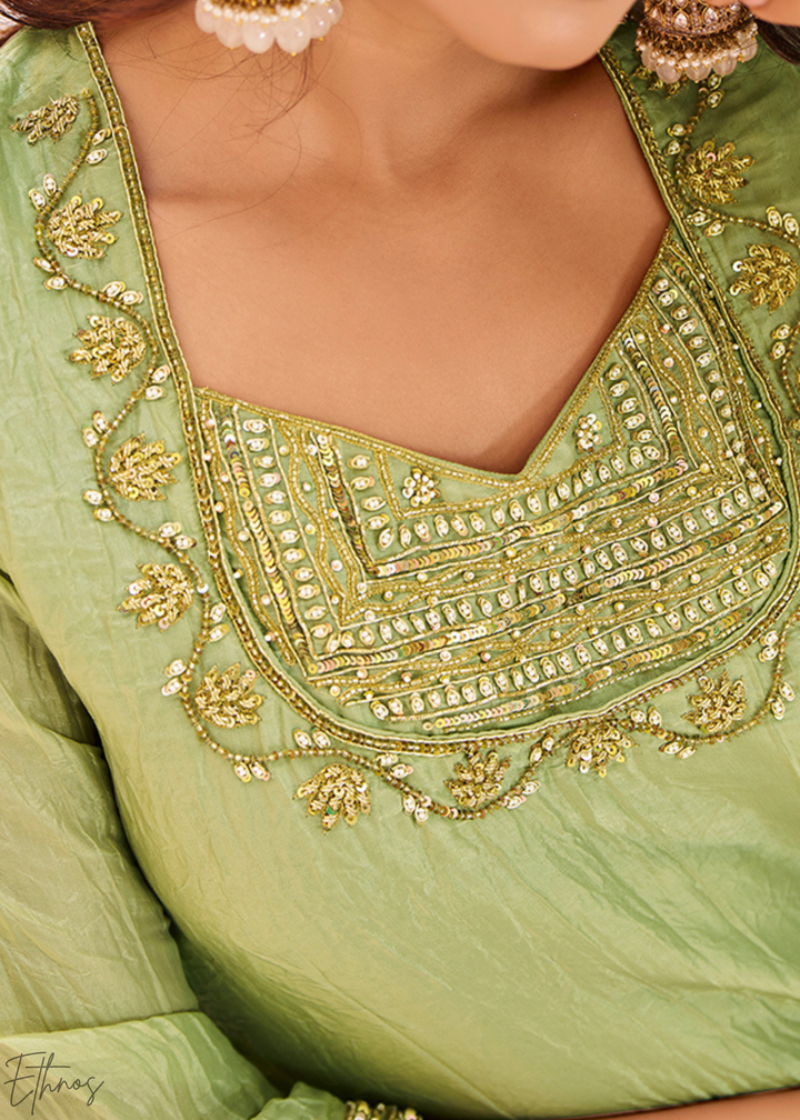 Pistachio Green Embroidered-Yoke Organaza Pant Suit