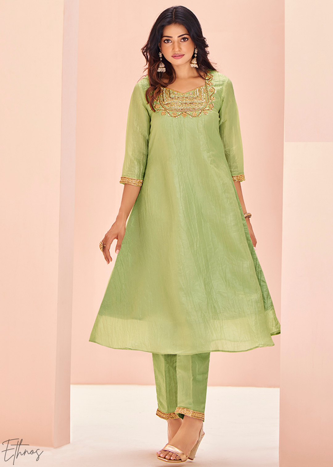 Pistachio Green Embroidered-Yoke Organaza Pant Suit