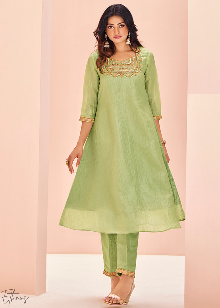 Pistachio Green Embroidered-Yoke Organaza Pant Suit
