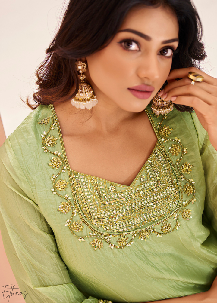 Pistachio Green Embroidered-Yoke Organaza Pant Suit