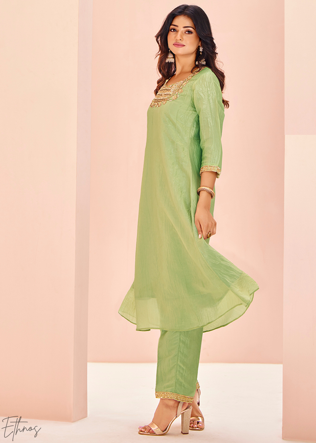 Pistachio Green Embroidered-Yoke Organaza Pant Suit