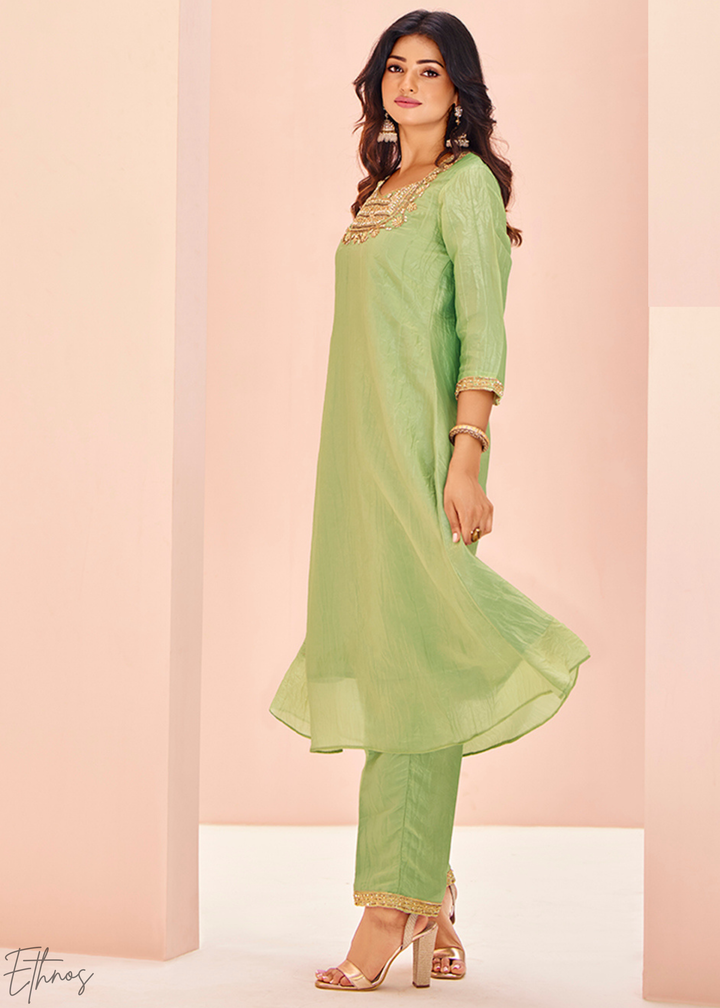 Pistachio Green Embroidered-Yoke Organaza Pant Suit