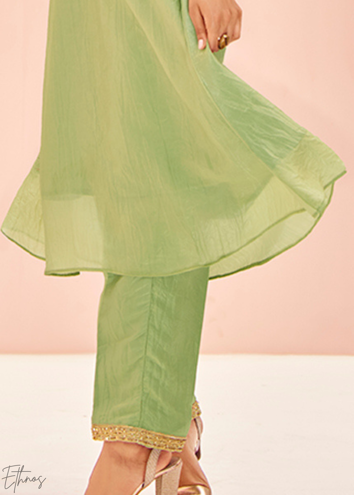 Pistachio Green Embroidered-Yoke Organaza Pant Suit