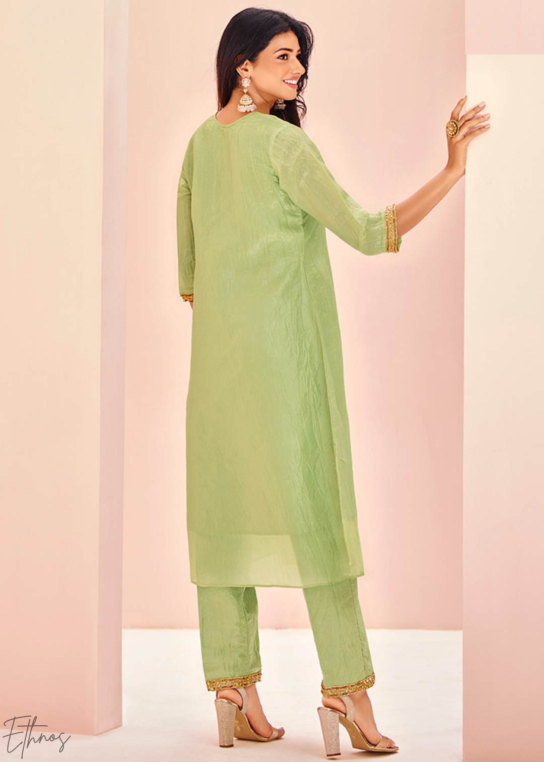 Pistachio Green Embroidered-Yoke Organaza Pant Suit