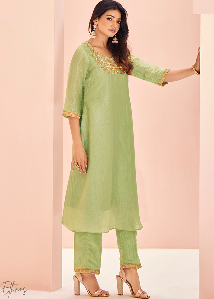 Pistachio Green Embroidered-Yoke Organaza Pant Suit