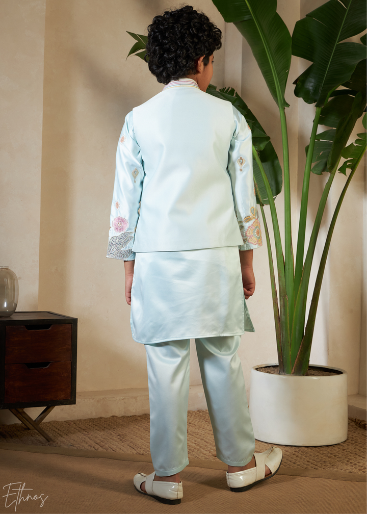 Pistachio Green Embroidered Jacket With Satin Kurta Pajama