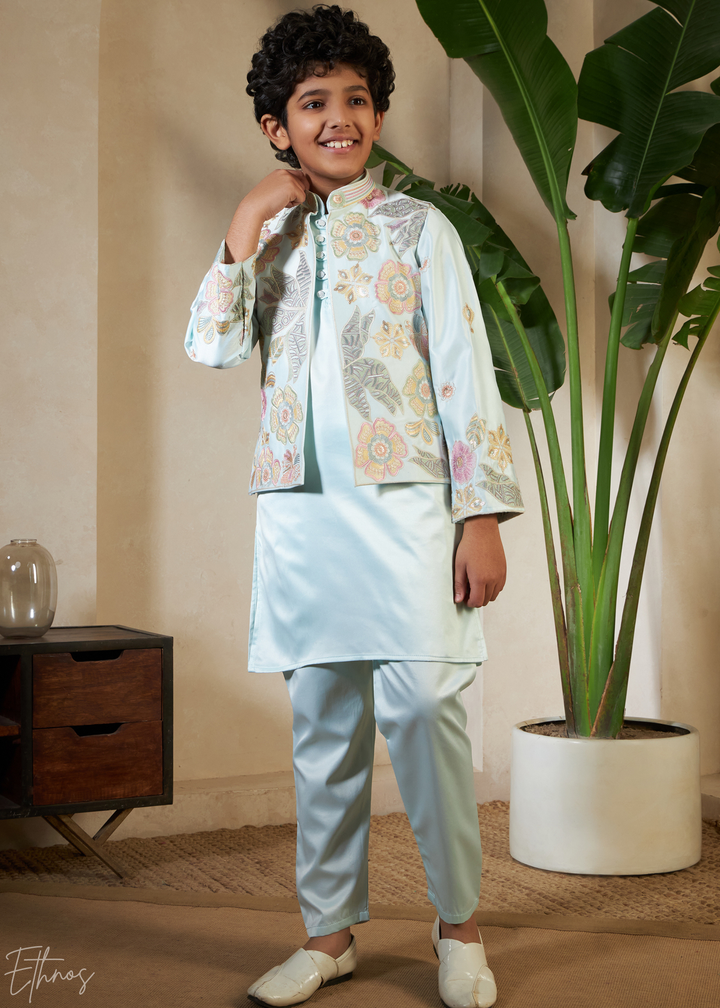 Pistachio Green Embroidered Jacket With Satin Kurta Pajama