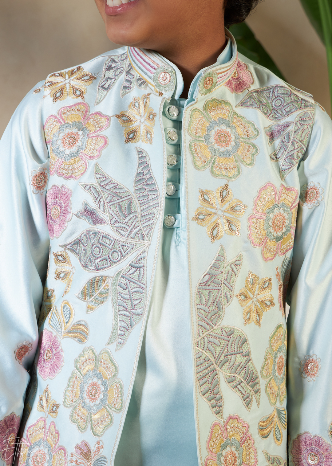 Pistachio Green Embroidered Jacket With Satin Kurta Pajama