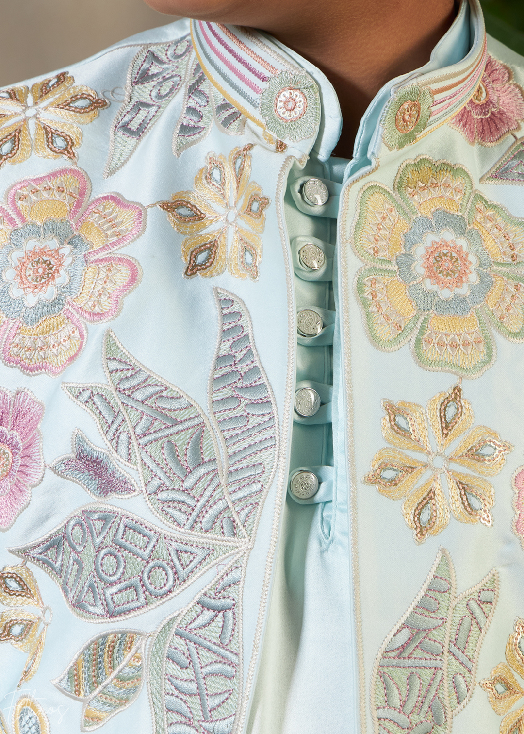 Pistachio Green Embroidered Jacket With Satin Kurta Pajama