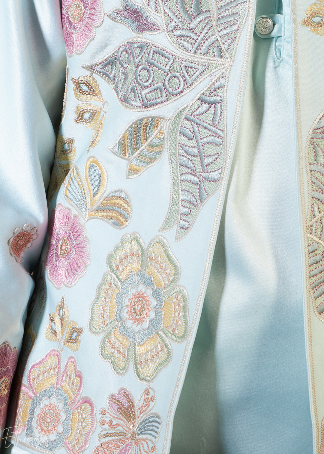 Pistachio Green Embroidered Jacket With Satin Kurta Pajama