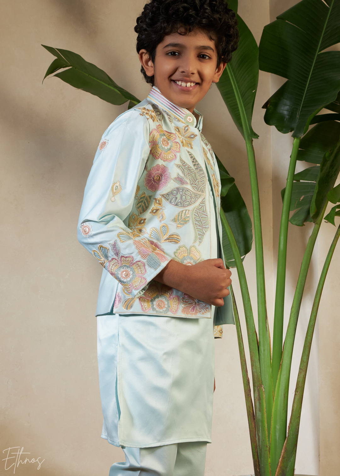 Pistachio Green Embroidered Jacket With Satin Kurta Pajama