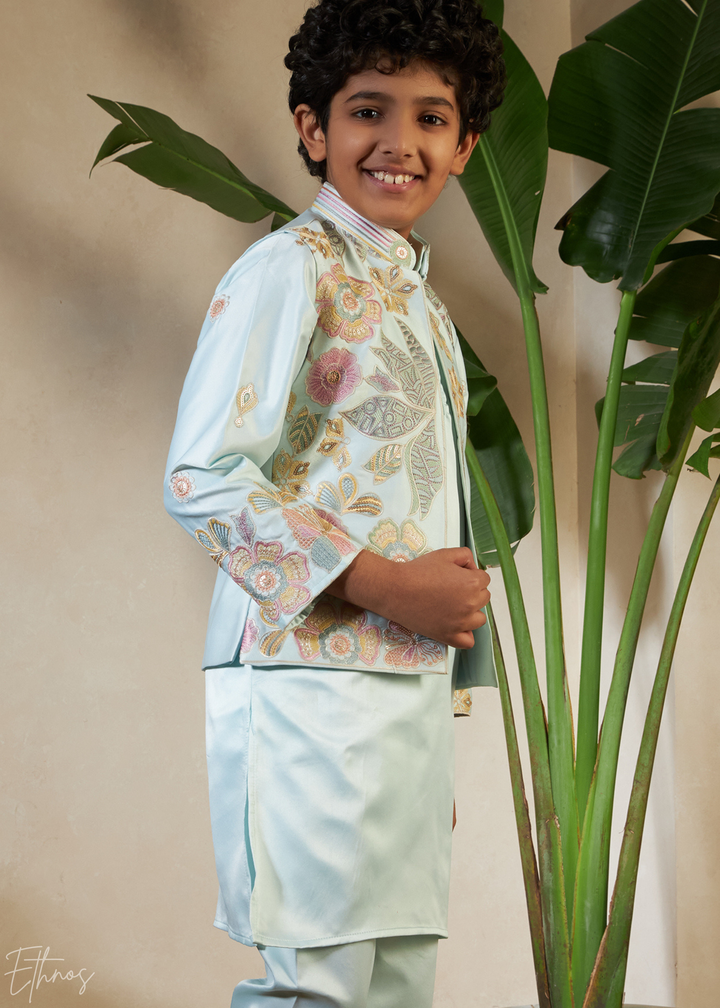 Pistachio Green Embroidered Jacket With Satin Kurta Pajama