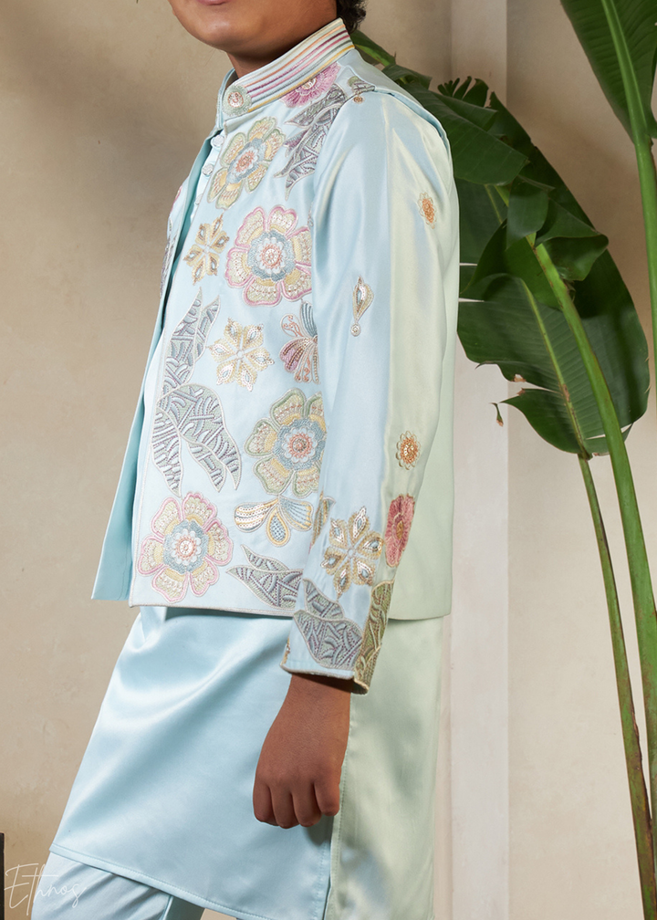 Pistachio Green Embroidered Jacket With Satin Kurta Pajama