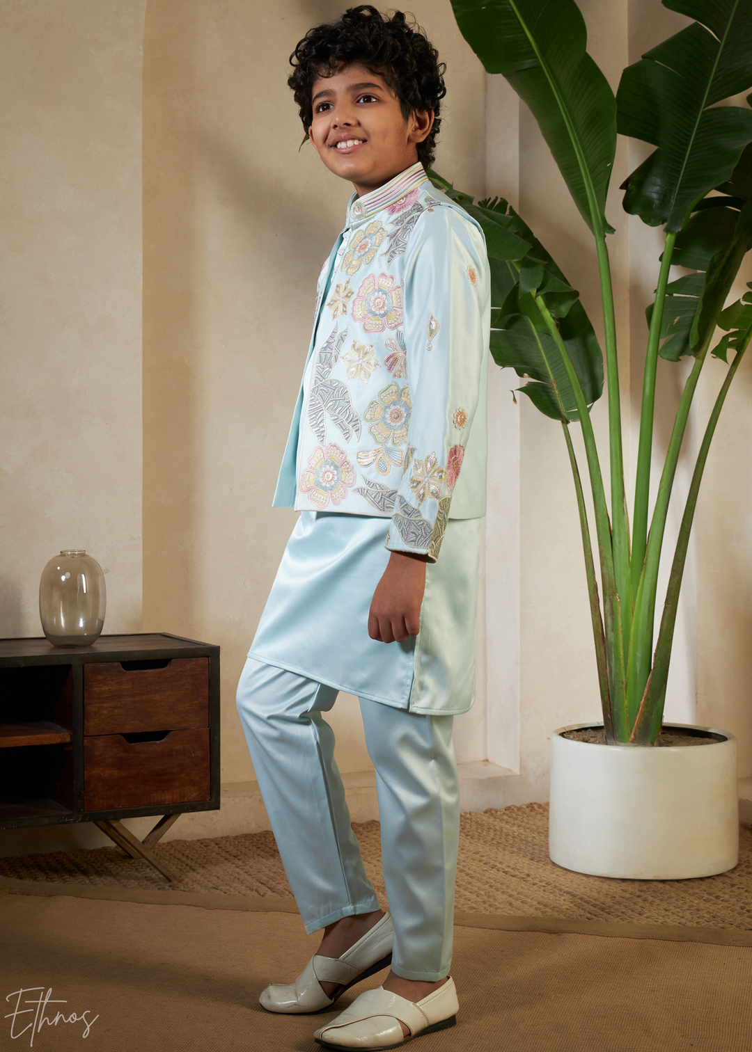 Pistachio Green Embroidered Jacket With Satin Kurta Pajama