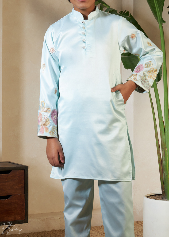 Pistachio Green Embroidered Jacket With Satin Kurta Pajama