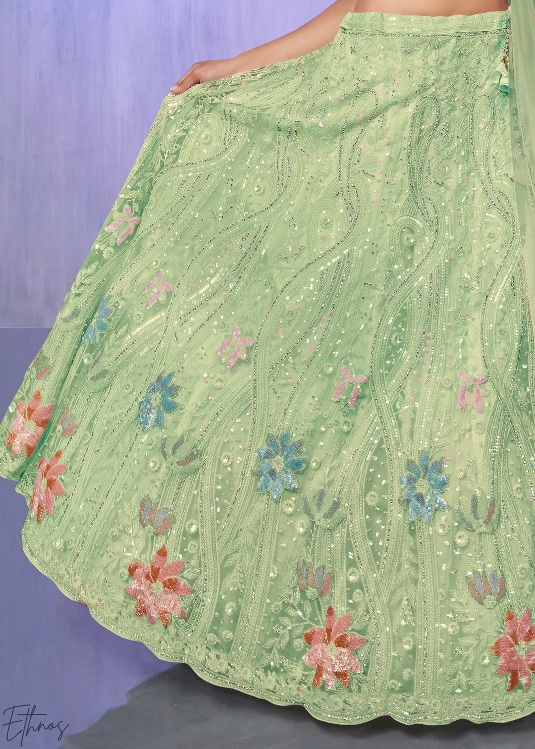 Pistachio Green Floral Embroidered Net Lehenga Choli