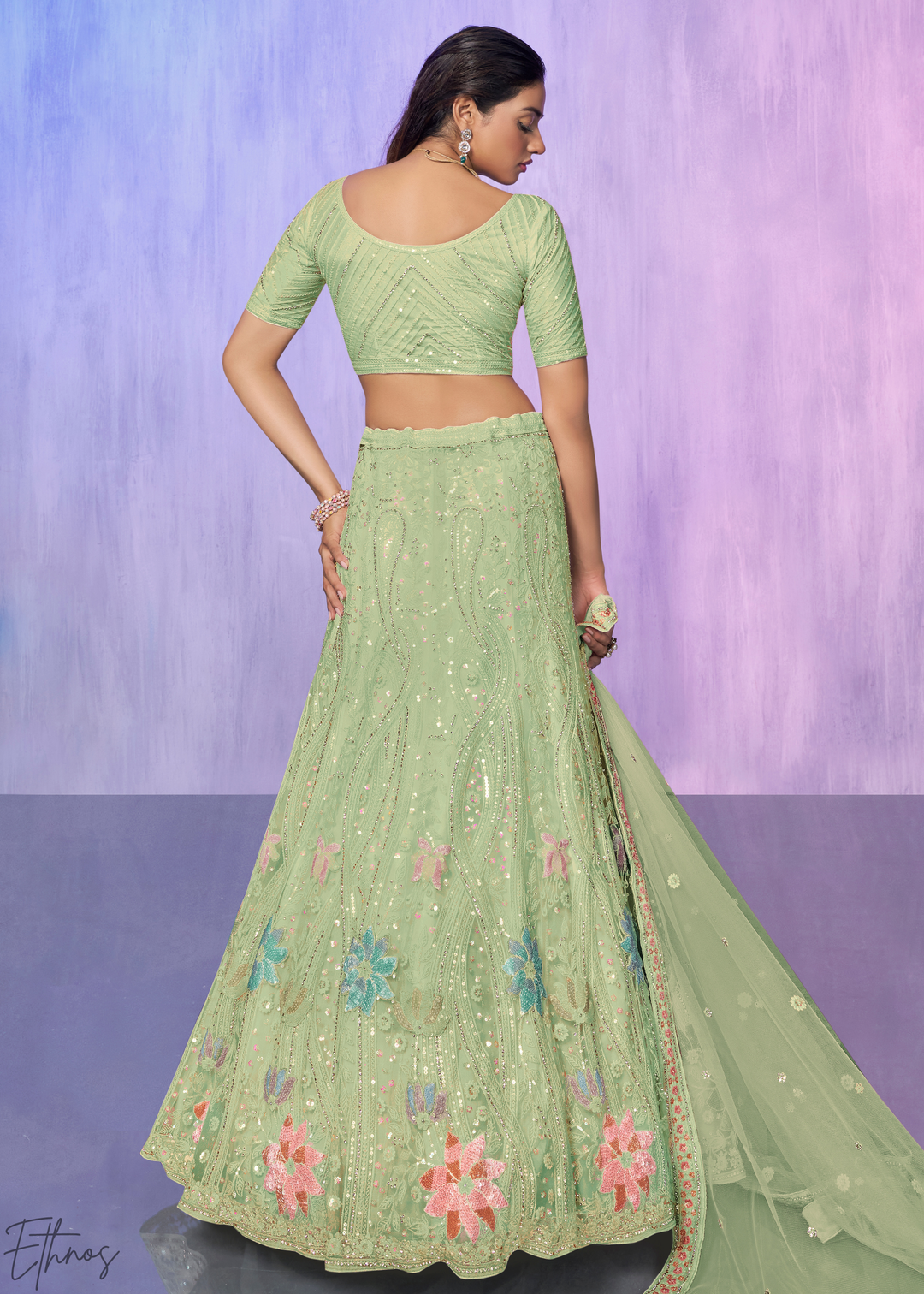 Pistachio Green Floral Embroidered Net Lehenga Choli